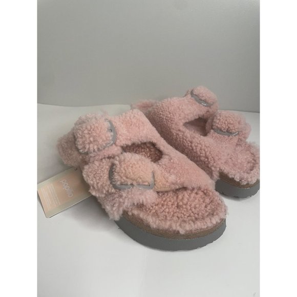 Birkenstock Arizona Teddy Shearling Platform Sandals Pink Big Buckle 41 US 10 - Picture 2 of 7